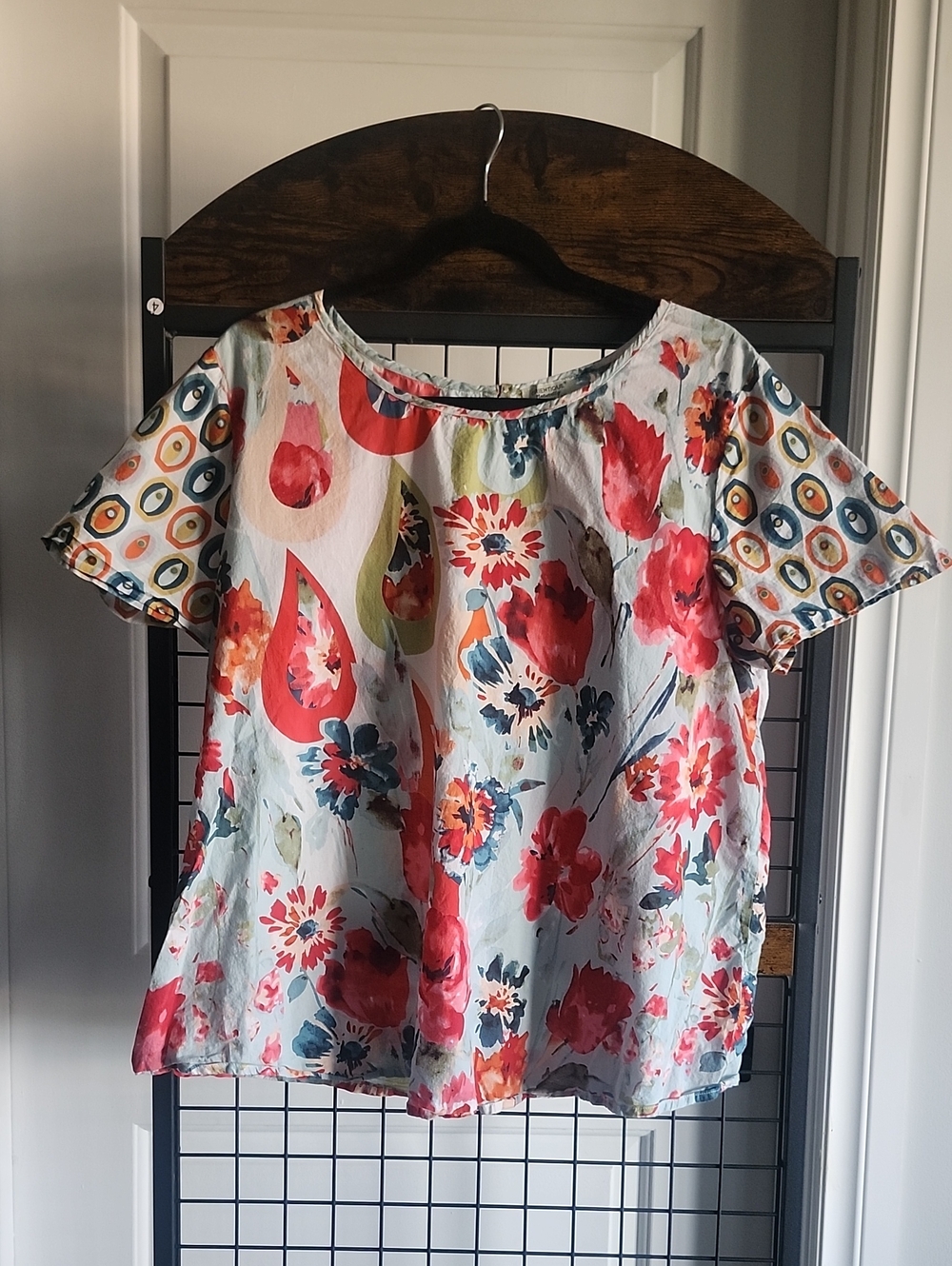 Floral Scoop Neck Blouse Lighy Blue with Red & Pink Accents